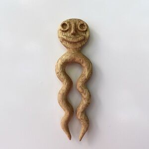 Decorative whimsical smile wood hair pin hand carved